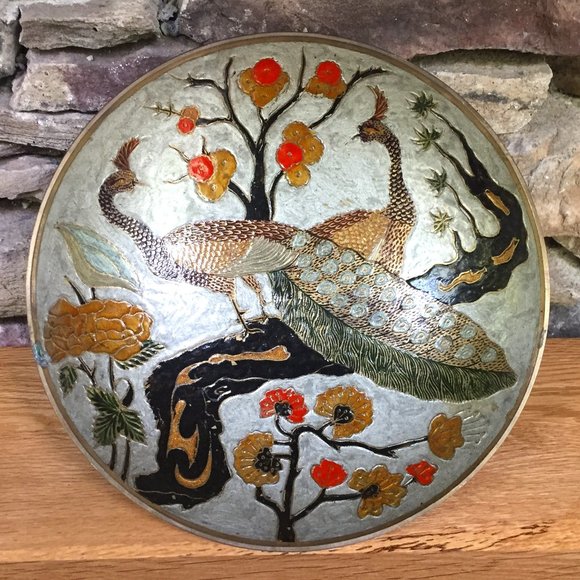 Vintage Brass Peacock Enamel Pedestal Bowl Boho